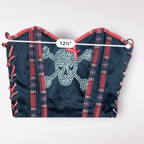 100% Babe y2k punk Black and Plaid Sequined Skull Bustier Corset‎ Top Size 34 - Picture 4 of 7